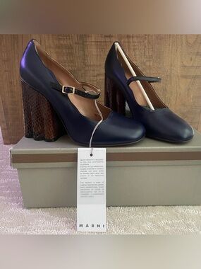 Marni Navy Leather Mary Jane Heels with Textured Brown Block Heel